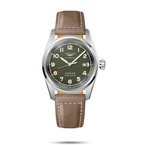 Longines Spirit [L3.811.4.03.2], men's wristwatch with green dial, beige leather strap, stainless steel case, and date display.