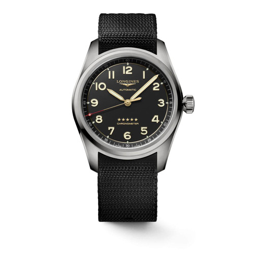 Longines Spirit [L3.811.1.53.2], men's automatic chronometer watch with black dial, beige numerals and luminous hands, stainless steel case, and black fabric strap.