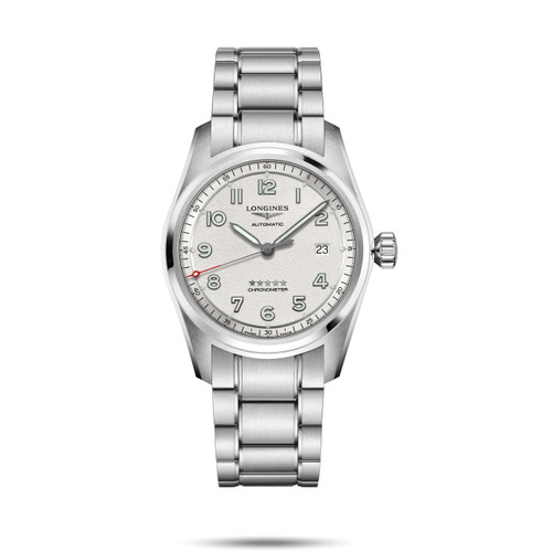 Longines Spirit [L3.810.4.73.9], silver stainless steel wristwatch with white dial, luminous hands and markers, date display, and chronometer certification.