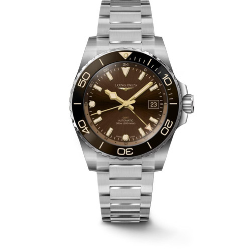 Longines HydroConquest [L3.790.4.66.6], men's stainless steel automatic diving watch with brown dial, luminous markers, date display, unidirectional rotating bezel, and 300 meters water resistance.