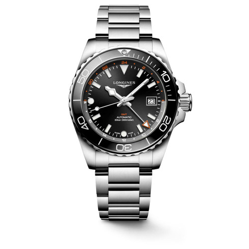 Longines HydroConquest Watch, stainless steel sport watch with black dial, orange accents, and a rotating bezel.