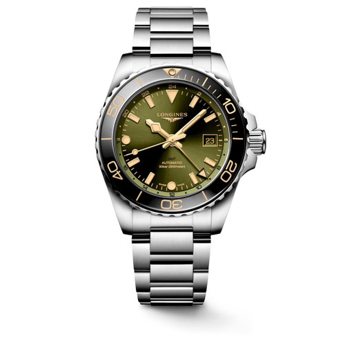 LONGINES HYDROCONQUEST [L3.790.4.06.6], a luxury men's automatic diving watch with a stainless steel bracelet, green dial, and unidirectional bezel.