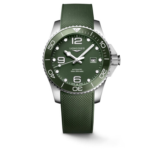Longines Hydroconquest, green dial diving watch with stainless steel case and green rubber strap.
