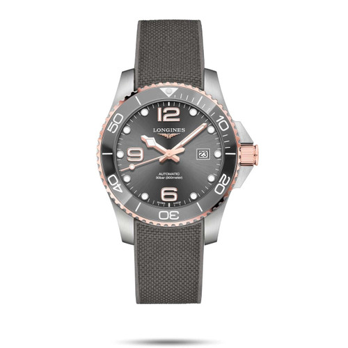 Longines Hydroconquest watch, men's sports luxury watch with stainless steel case, gray dial, black and rose gold bezel, gray fabric strap, and date display.