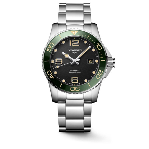 Longines HydroConquest, stainless steel automatic diver's watch with black dial, luminous hands and markers, date display, and green unidirectional bezel.