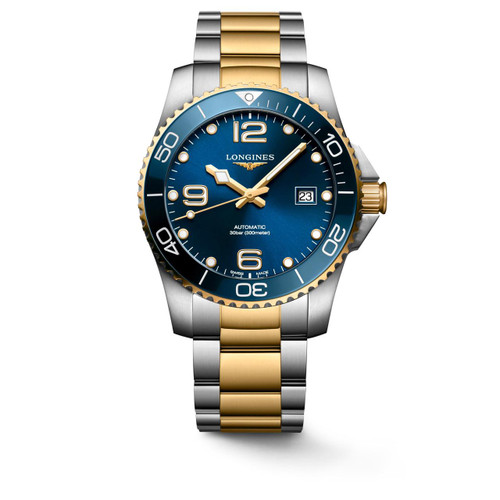 Longines HydroConquest, luxury men's diving wristwatch with a blue dial, gold and stainless steel bracelet, date display, and water resistance to 300 meters.