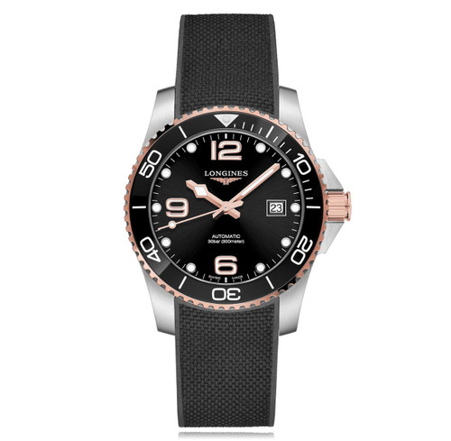 Longines HydroConquest, luxury men's dive watch with black dial, luminous hands and markers, date display, rotating bezel with rose gold accents, stainless steel case, and black rubber strap.