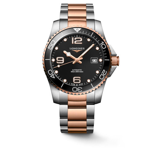Longines HydroConquest, luxury men's watch with black dial, two-tone stainless steel and rose gold bracelet, unidirectional bezel, date display, and automatic movement.