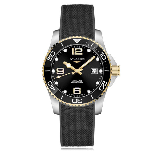 Longines HydroConquest watch, black dial with gold and silver accents, black textured strap, and rotating bezel.