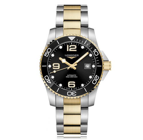 LONGINES HYDROCONQUEST watch, black dial with gold and silver stainless steel bracelet, diving bezel, date window, and automatic movement.
