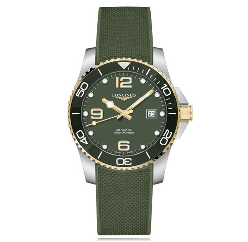 Longines HydroConquest, luxury diver's watch with green dial, stainless steel case, gold accents, and green textured strap.
