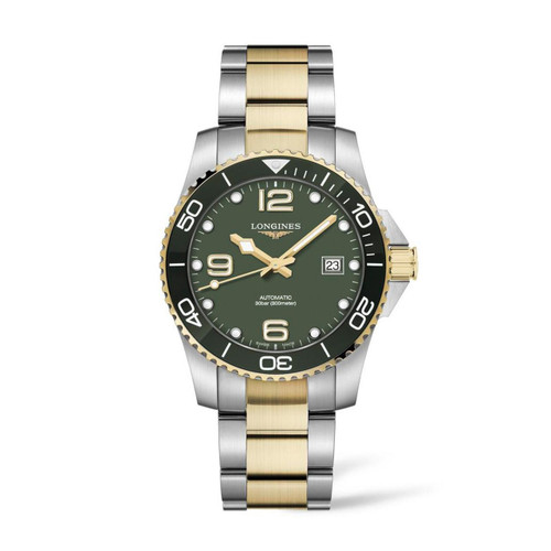 Longines HydroConquest watch, men's two-tone stainless steel and gold wristwatch with green dial and rotating bezel.