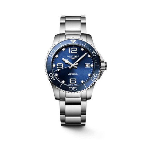 Longines HydroConquest, stainless steel wristwatch with blue dial, rotating bezel, date display, and luminous hands.