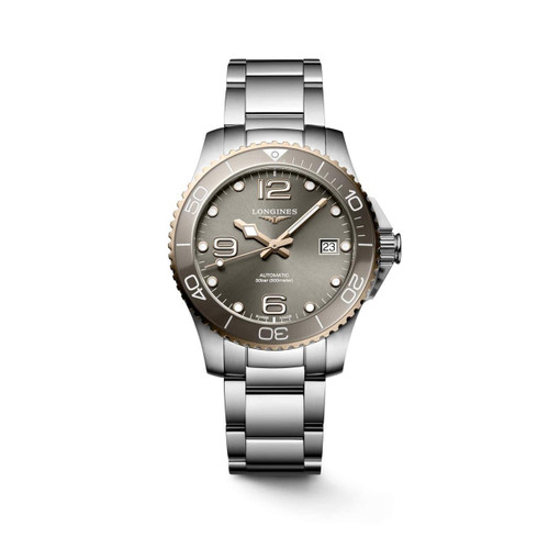 Longines HydroConquest, stainless steel men's diver watch with a gray dial, luminous hands and markers, date display, rotating bezel, and water resistance up to 300 meters.