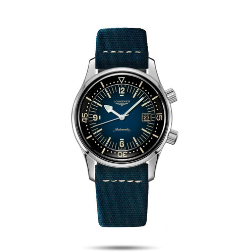Longines Legend Diver, luxury automatic wristwatch with a blue dial, rotating bezel, and fabric strap.