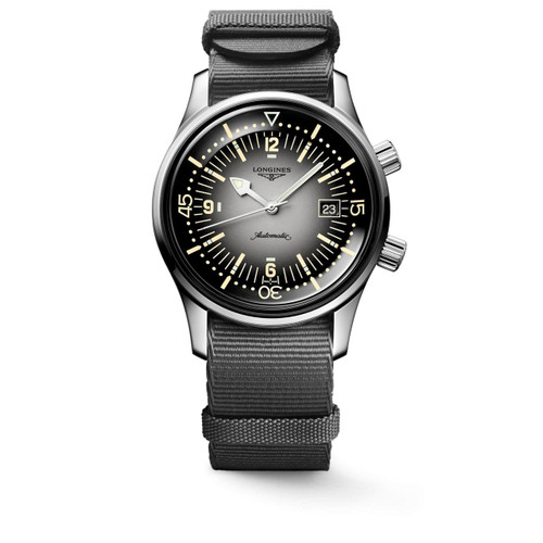 Longines Legend Diver [L3.774.4.70.2], automatic men's wristwatch with a black dial, luminous markers, date display, and a black fabric strap.