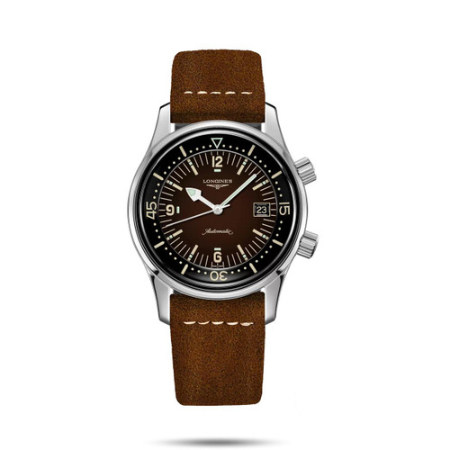 Longines Legend Diver, wristwatch with a polished stainless steel case, brown dial, and vintage-style leather strap.