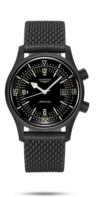 Longines Legend Diver, black dial with luminous hands and markers, date display, black textured strap, automatic men's diver watch.