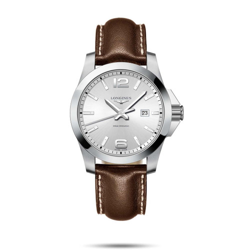 Longines Conquest L3.760.4.76.5 watch, men's stainless steel wristwatch with silver dial, brown leather strap, and date display.