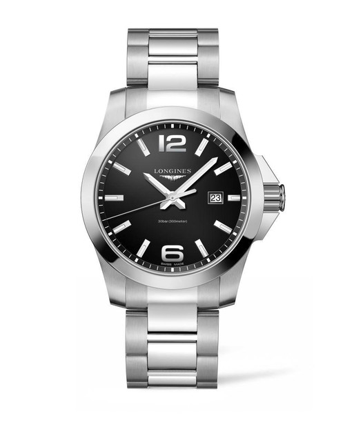 LONGINES CONQUEST, men's stainless steel watch with black dial, date display, and luminous hands and markers.