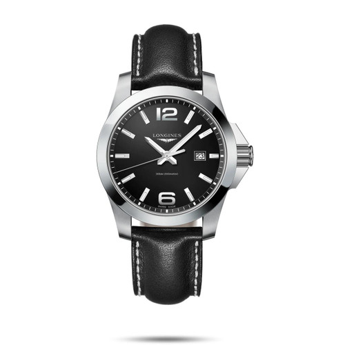 Longines Conquest watch, men's luxury wristwatch with black dial, stainless steel case, leather strap, date display, and water resistance up to 300 meters.