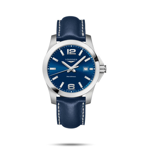 Longines Conquest, wristwatch with blue dial, silver-tone hands and hour markers, date display at 3 o'clock, stainless steel case, and blue leather strap with white stitching.