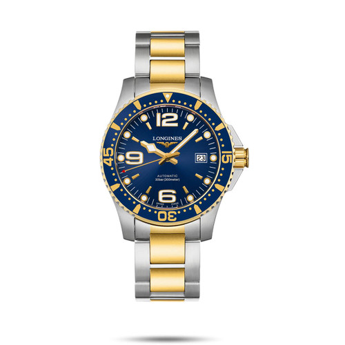 Longines HydroConquest, luxury men's diver watch with stainless steel and gold-tone bracelet, blue dial, luminous hands, and rotating bezel with gold accents.