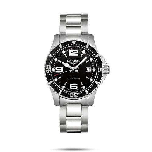 LONGINES HYDROCONQUEST [L3.740.4.56.6], a luxury men's diver watch with a stainless steel bracelet and black dial, featuring large Arabic numerals at 6, 9, and 12 o'clock, date display at 3 o'clock, and a unidirectional rotating bezel.