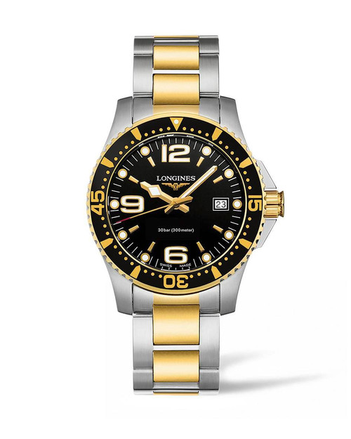 Longines HydroConquest watch, luxury stainless steel and gold diver's watch with black dial, luminous hands, and date display.