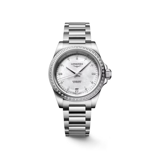 Longines Conquest watch, stainless steel case and bracelet with diamond accents, white mother-of-pearl dial, date display at 6 o'clock, automatic movement.
