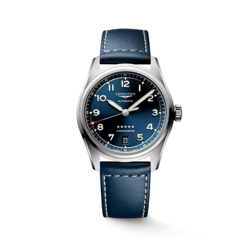 Longines Spirit Automatic Watch, blue dial with luminous hands and markers, stainless steel case, blue leather strap with white stitching.