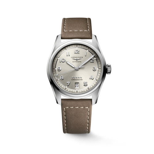 Longines Spirit [L3.410.4.63.2] watch, a stainless steel case watch with a beige dial, silver-tone hands, Arabic numeral hour markers, date window at 6 o'clock, and a brown leather strap.