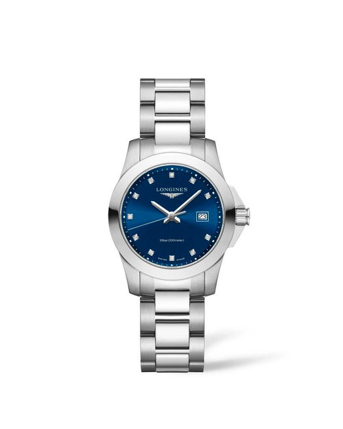 LONGINES CONQUEST, luxury stainless steel watch with blue dial, date display, and diamond hour markers.