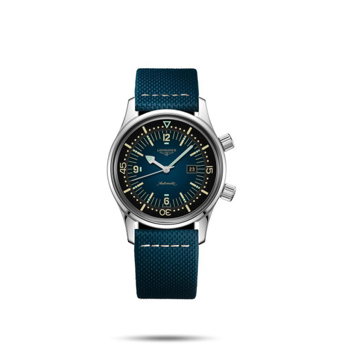Longines Legend Diver [L3.374.4.90.2], a men's automatic diver watch with a blue dial, luminous hands and markers, date display, and a textured blue strap.