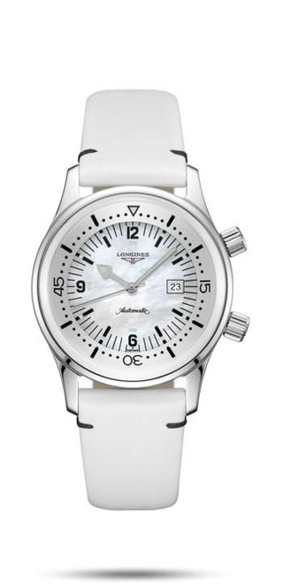 LONGINES LEGEND DIVER [L3.374.4.80.0], watch with white dial, silver case, and white strap showing date and automatic movement.