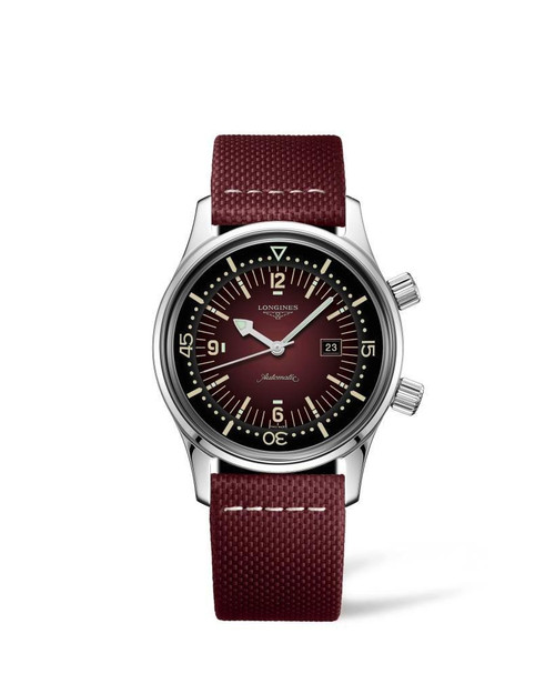LONGINES LEGEND DIVER [L3.374.4.40.2], luxury men's diving watch with a deep red dial and matching red strap, featuring date display and automatic movement.