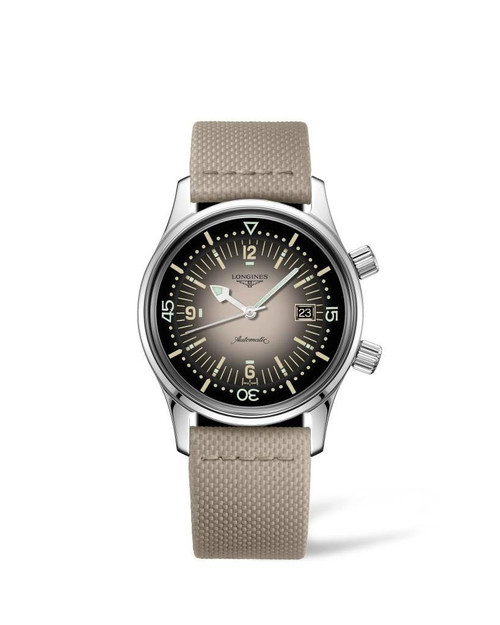 Longines Legend Diver [L3.374.4.30.2], men's luxury dive watch with beige strap, black dial with luminous markers, date display, and automatic movement.