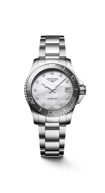 Longines HydroConquest watch, silver stainless steel bracelet and case with white dial and diamond hour markers.