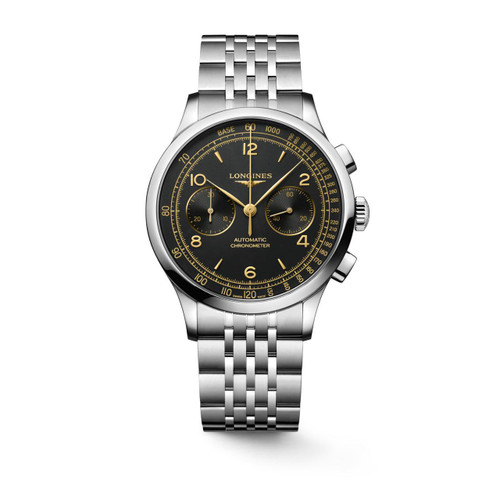 Longines Record watch, luxury stainless steel chronograph wristwatch with black dial and gold accents, featuring subdials and a tachymeter scale.