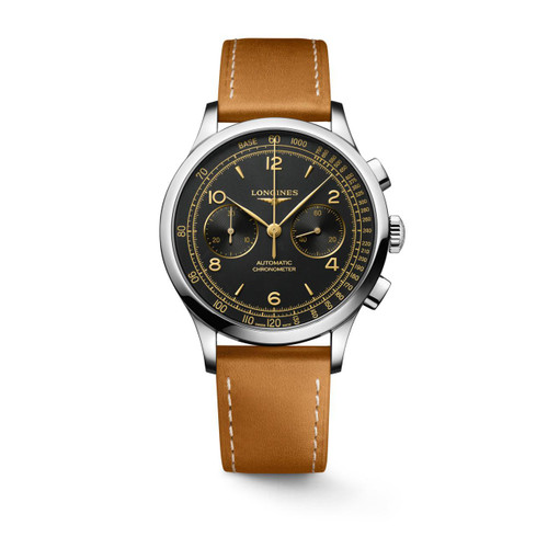 Longines Record [L2.921.4.56.2], men's automatic chronograph watch with black dial, gold accents, and tan leather strap.