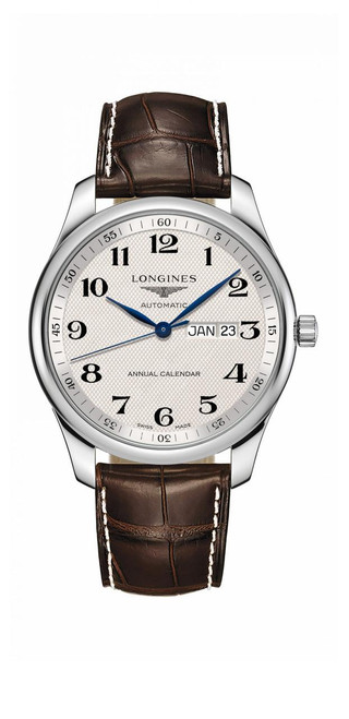 Longines The Longines Master Collection watch, classic design with white dial, blue hands, brown leather strap, and date display, automatic movement, model L2.920.4.78.3.