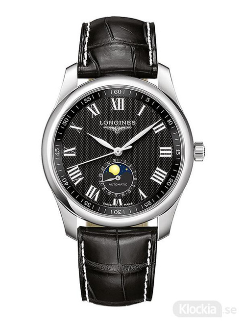 LONGINES THE LONGINES MASTER COLLECTION [L2.909.4.51.7], luxury men's wristwatch with black dial, silver Roman numeral hour markers, moon phase display, and black leather strap.