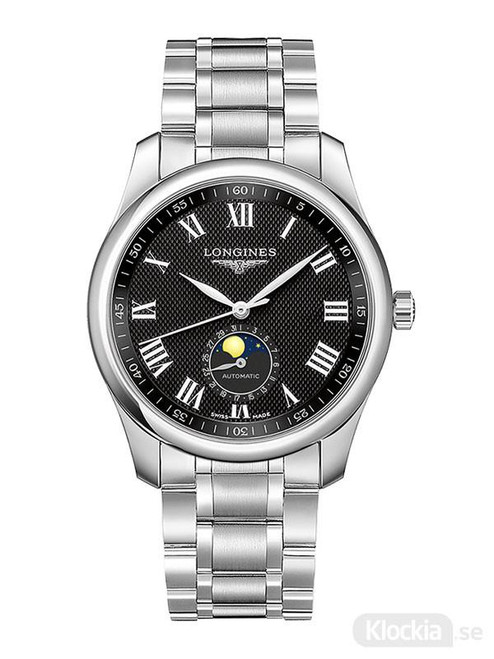 LONGINES THE LONGINES MASTER COLLECTION [L2.909.4.51.6], men's luxury wristwatch with stainless steel bracelet, black textured dial, Roman numeral hour markers, moon phase complication, and automatic movement.