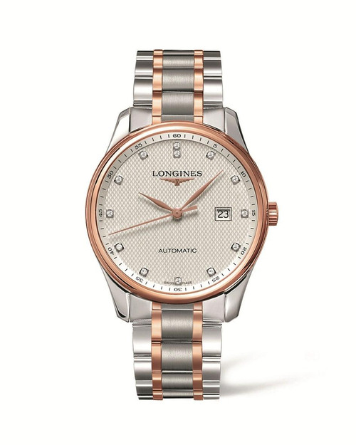 LONGINES THE LONGINES MASTER COLLECTION [L2.893.5.77.7], luxury men's wristwatch featuring a two-tone stainless steel and rose gold bracelet, white textured dial with diamond hour markers, date display, and automatic movement.