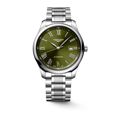 Longines The Longines Master Collection [L2.893.4.09.6], luxury men's wristwatch with green dial, Roman numeral markers, stainless steel bracelet, date display, automatic movement, Swiss made