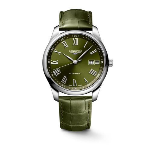 Longines The Longines Master Collection [L2.893.4.09.2], green dial automatic wristwatch with Roman numerals and date display on a green leather strap.