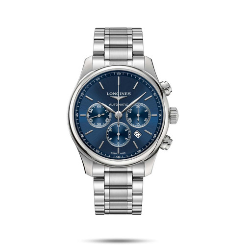 Longines The Longines Master Collection [L2.859.4.92.6], men's luxury stainless steel chronograph watch with blue dial, date window, and three subdials.