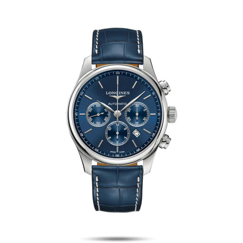Longines The Longines Master Collection [L2.859.4.92.0], blue dial men's automatic chronograph watch with silver case and blue leather strap.