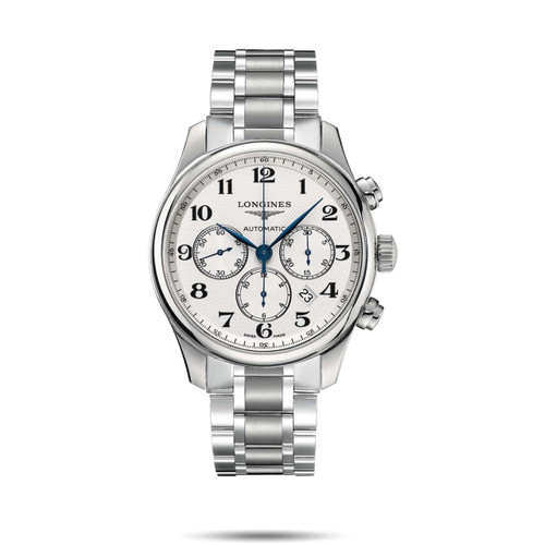 Longines The Longines Master Collection [L2.859.4.78.6], a luxury silver stainless steel wristwatch with a white textured dial, chronograph subdials, blue hands, and a date window, featuring a stainless steel bracelet.