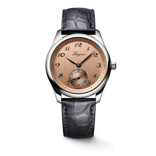 Longines The Longines Master Collection [L2.843.4.93.2], a luxury wristwatch with a rose gold dial and black leather strap.